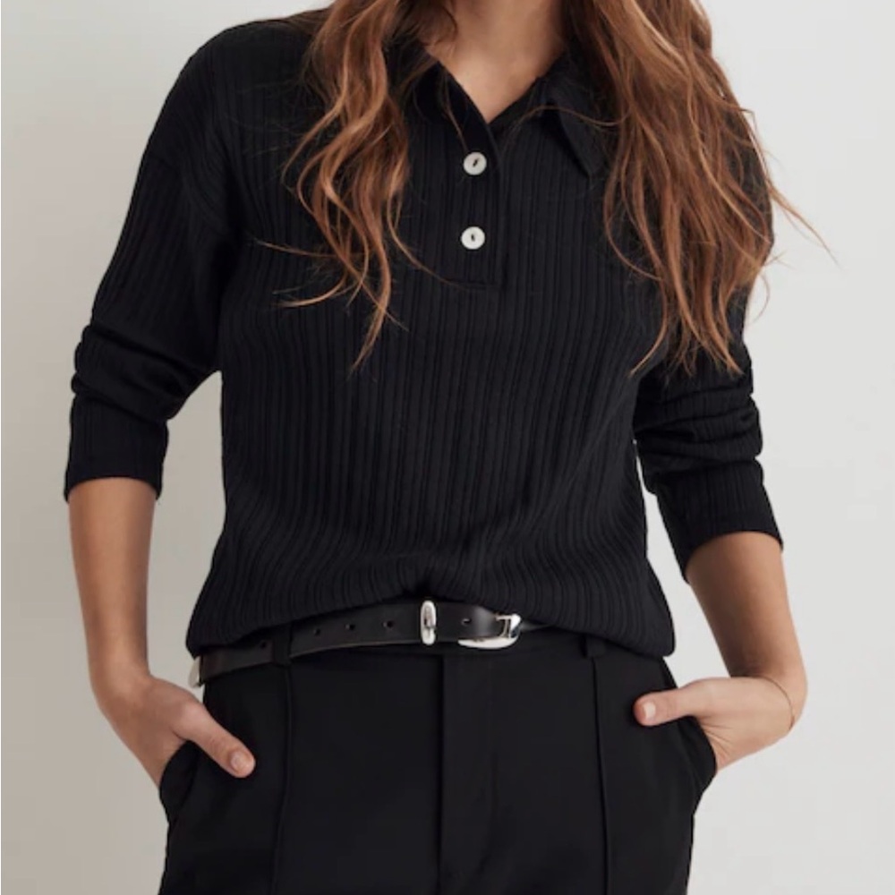 Madewell Variegated Rib Boxy Polo Shirt in True Black